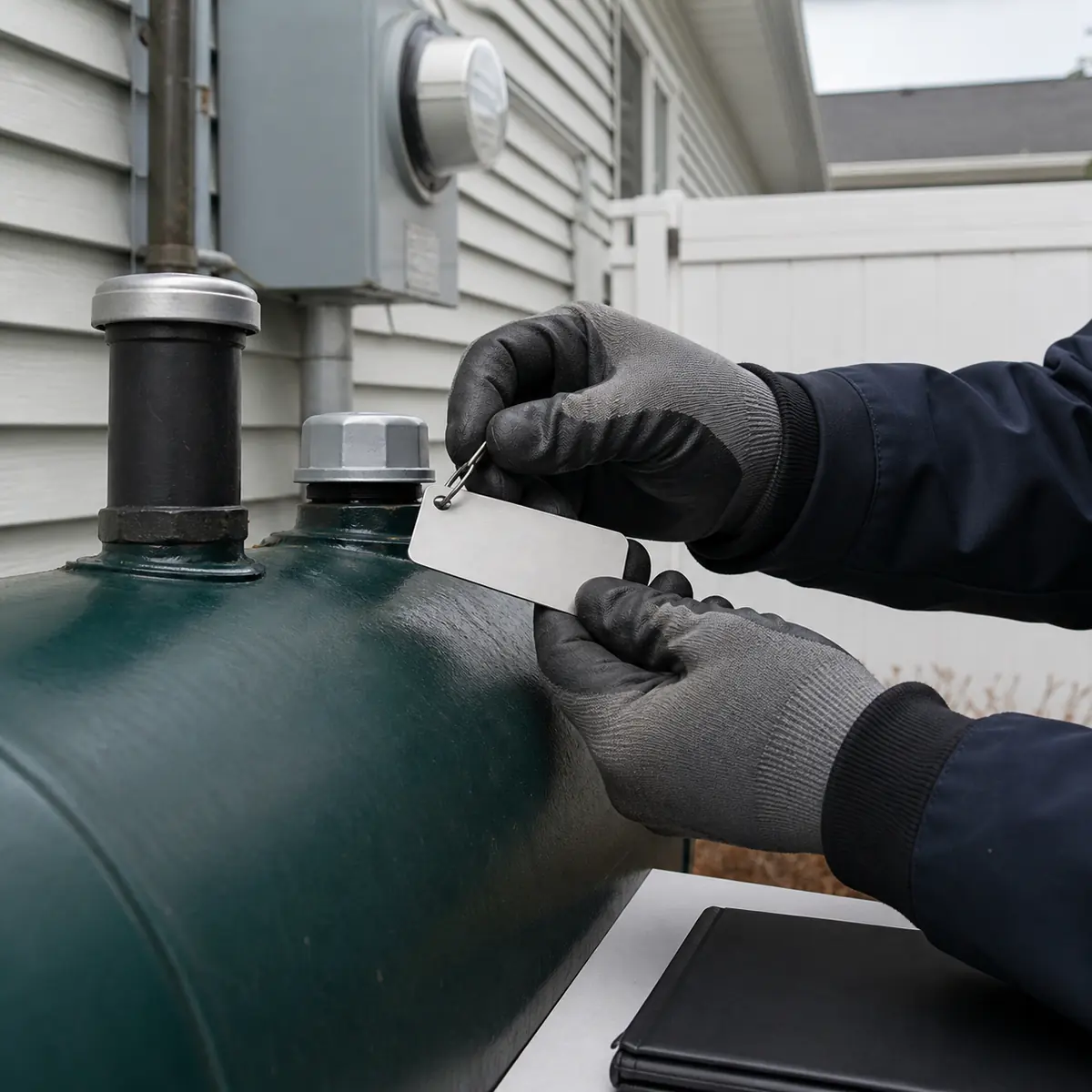 Technician tagging capped oil tank fittings after closure work
