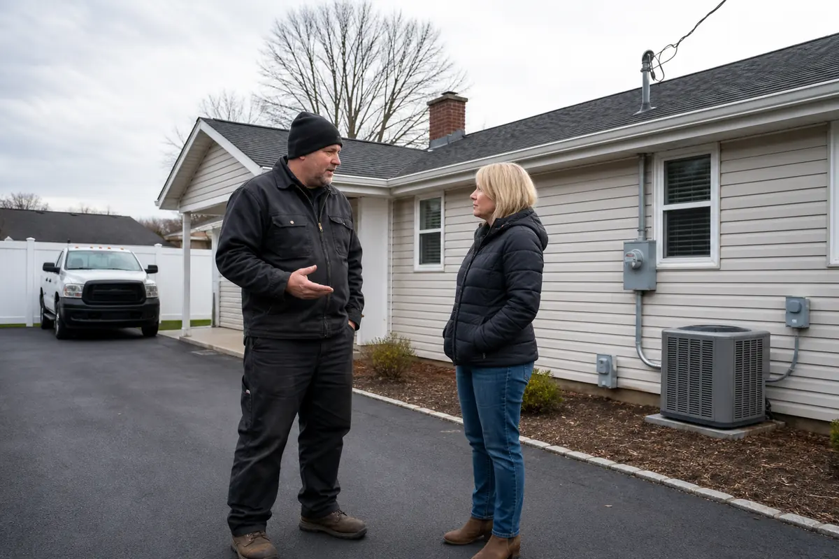 Long Island homeowner discussing a site visit with an oil tank specialist