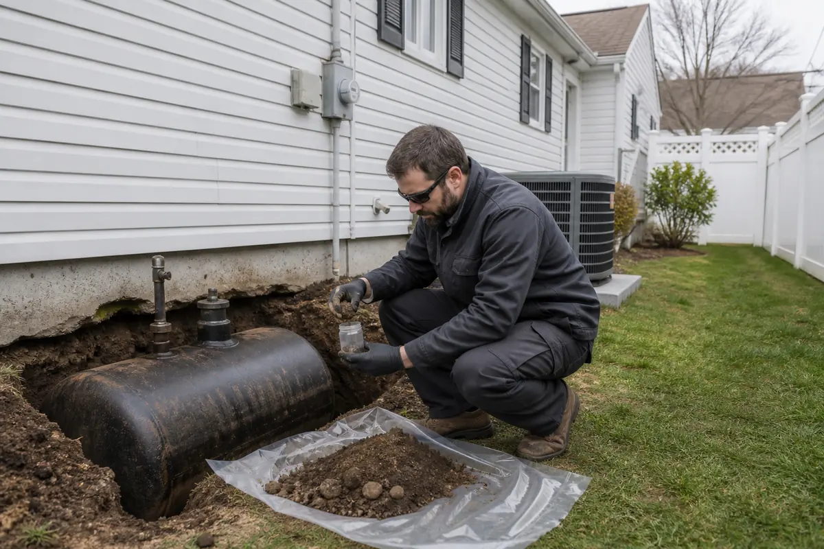 Environmental technician collecting a soil sample beside a residential oil tank