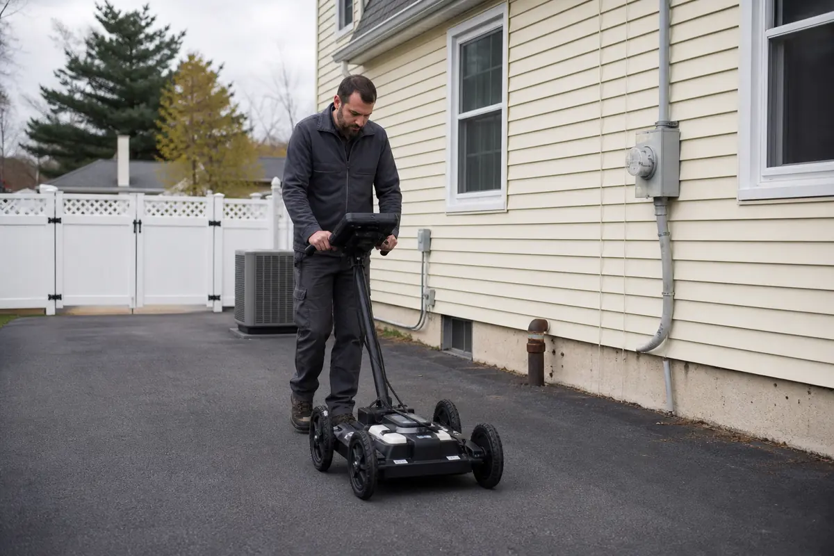 Technician surveying a Long Island property for an underground oil tank