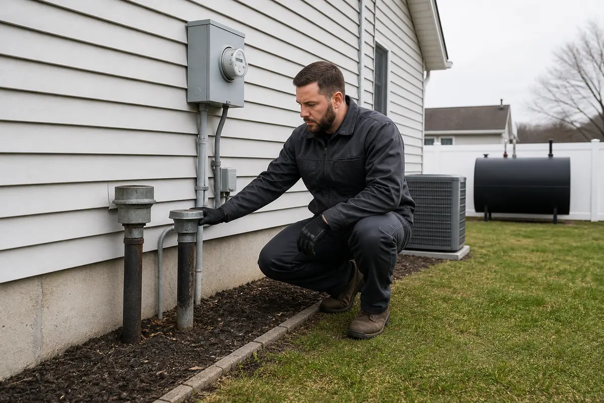 Technician checking a residential oil tank decommissioning setup