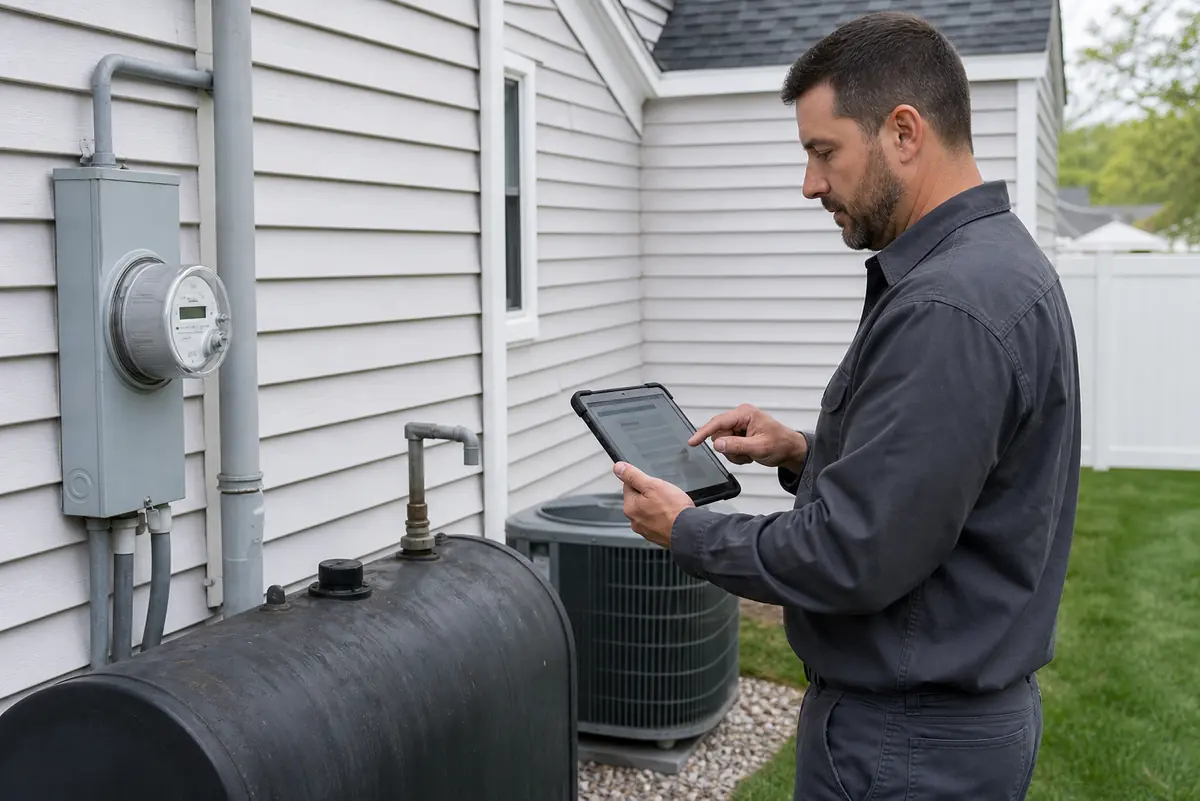 Oil tank technician reviewing a digital site record at a Long Island home