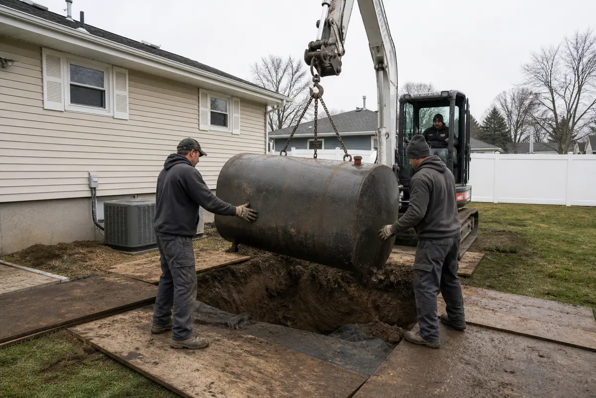 Crew lifting an underground residential oil tank beside a Long Island home