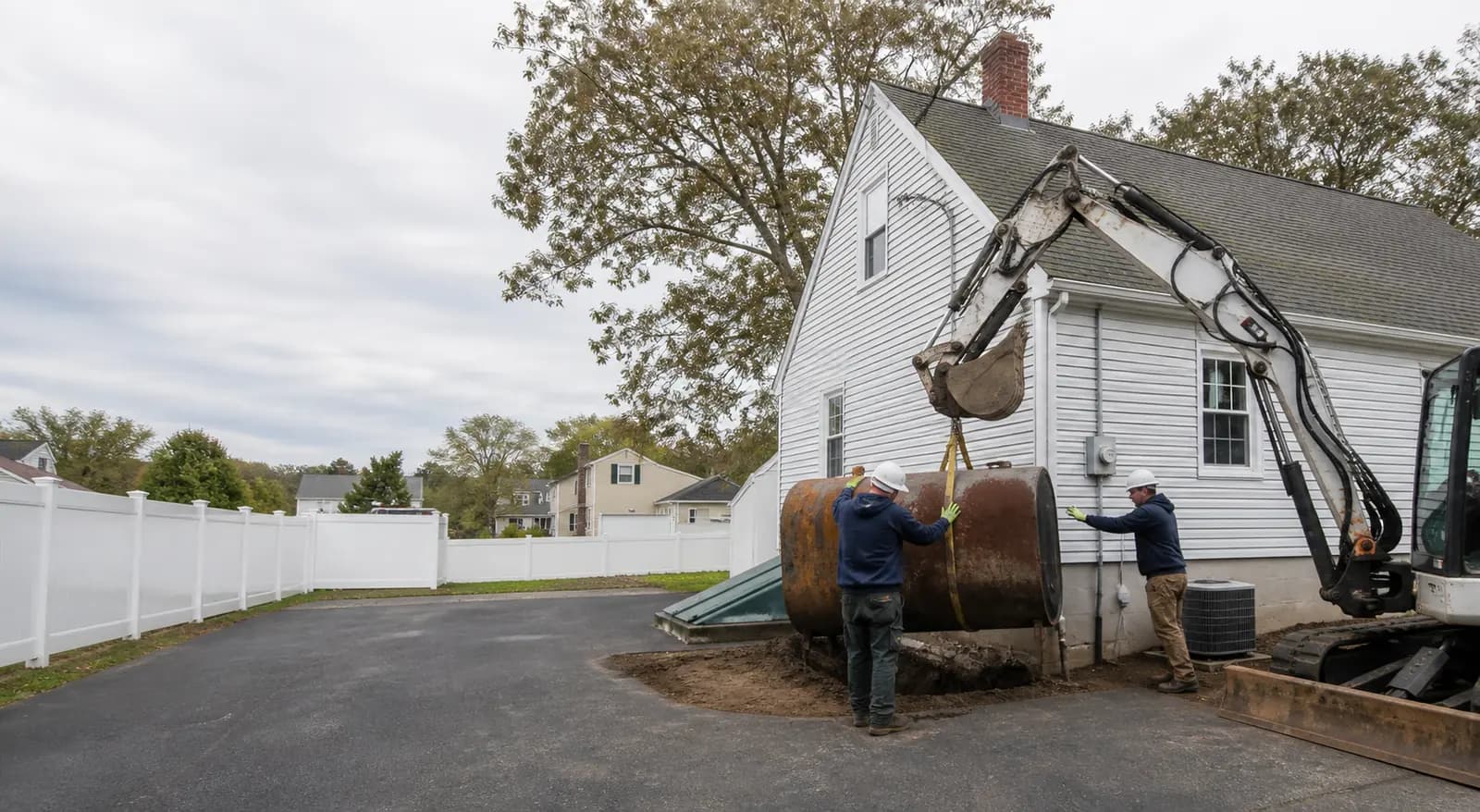 A crew lifting a residential heating oil tank beside a Long Island home